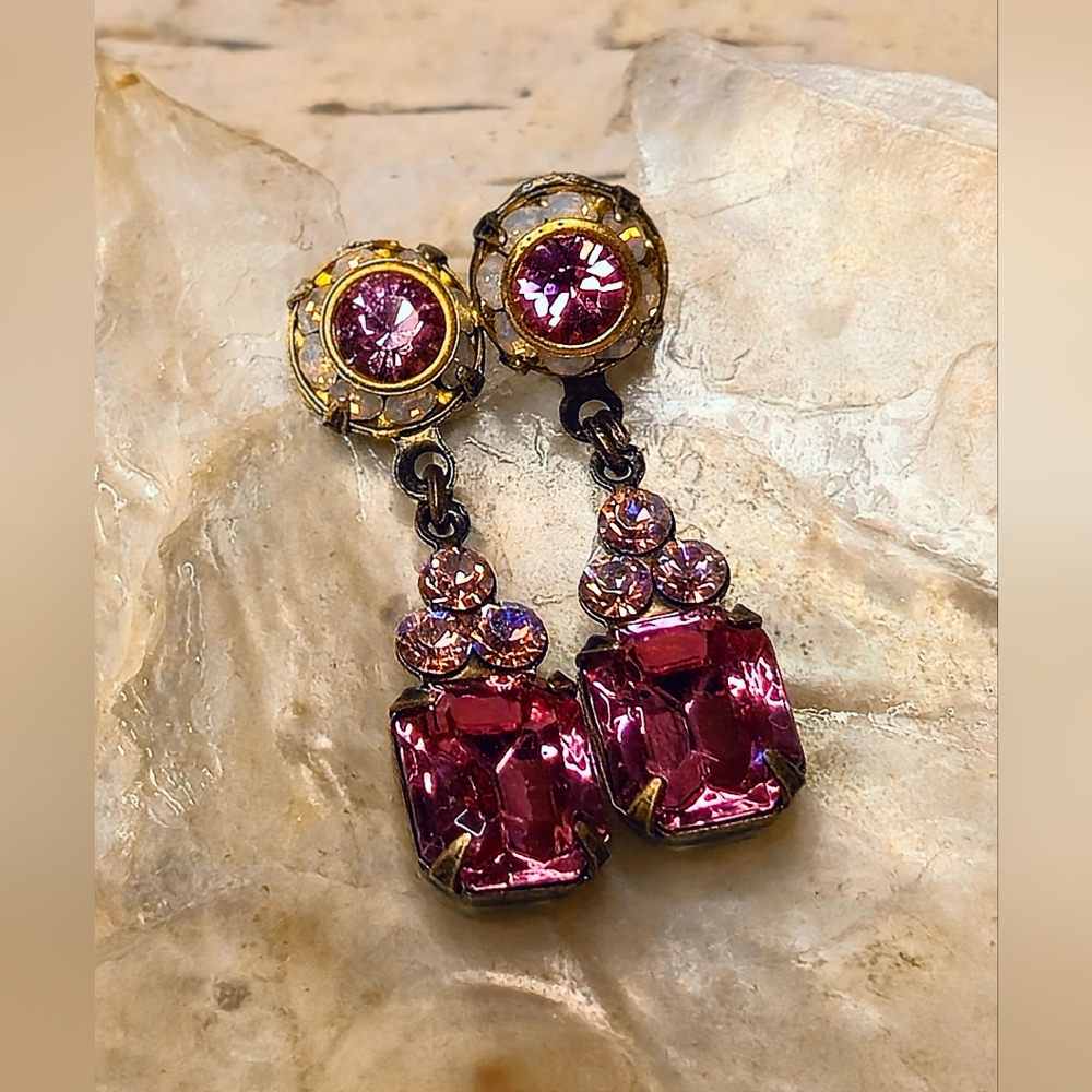 Pink Flower & Octagon Swarovski Crystal Dainty Feminine Earrings In Brass